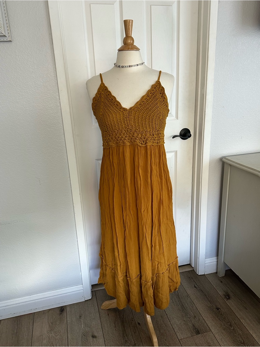 Bohemian Crochet Bodice Maxi Dress - Mustard